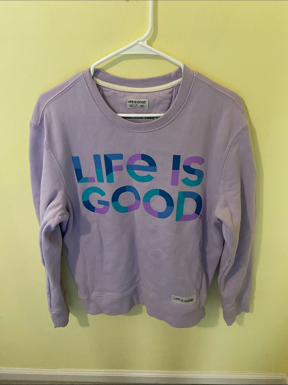 Life Is Good Lavender Crewneck with Multicolor Graphic